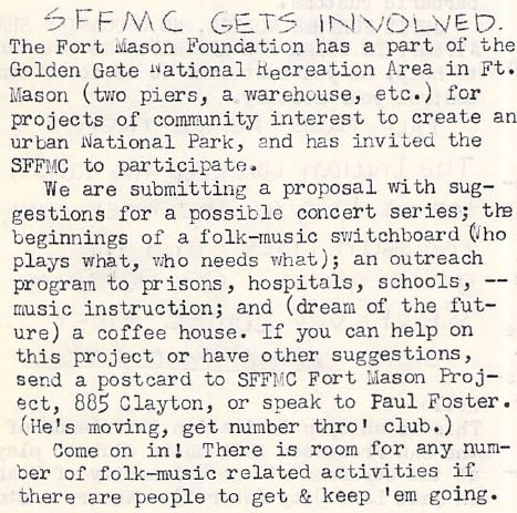 Notice from the San Francisco Folk Music Club’s newsletter: folknik, Nov/Dec 1976, v.11, n.6, p.8